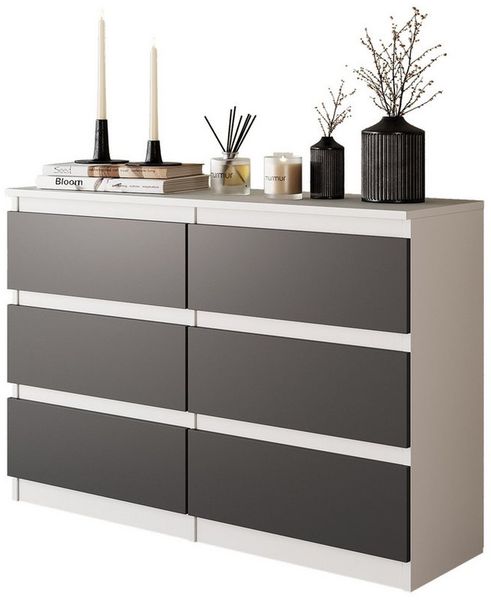 Furnica Kommode Weiß Kommode 100 cm Matt mit 6 Schubladen- Wohn - und Schlafzimmer