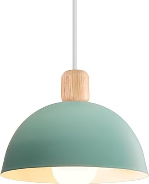 iDEGU Vintage-Pendelleuchte – Modernes halbrundes Design, E27-Fassung, Hangelampe aus Holz , Metall – Geeignet fur Schlafzimmer, Esszimmer, Küche – Durchmesser 20 cm (Grun) [Energieeffizienzklasse A]