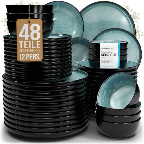 Steingut Geschirrset 12 Pers. Ibiza 48-tlg Hochwertiges Mediterranes TEST SEHR GUT Steingut Geschirr Set - Schüssel- und Teller Set - Tafelservice 12 Personen Geschirrsets Pure Living in Petrol