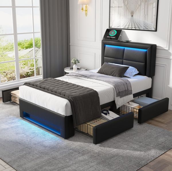 Polsterbett 90x190 cm mit 4 Schubladen – PU-Bettgestell mit USB-Ladefunktion und LED-Beleuchtung