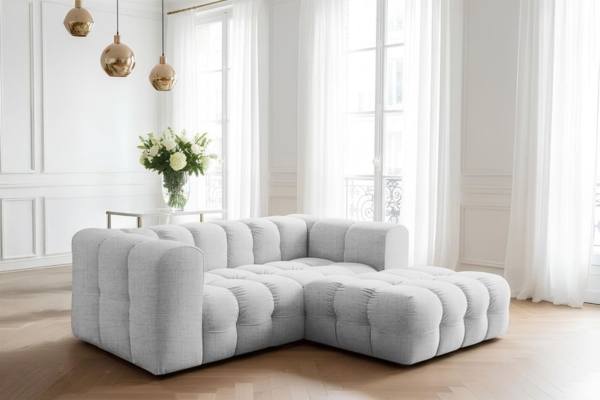 Ecksofa Designersofa SOLVIE XS in Stoff Moly Hellgrau Ottomane Rechts