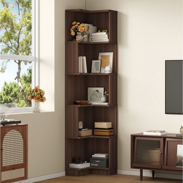 Flieks Bücherregal Standregal mit LED-Beleuchtung und 6 Ebenen, B63,5/T45/H175 cm 1-tlg, Eckbücherregal mit 5 Fächer L-förmig Hochschrank Eckregal Walnussfarbe