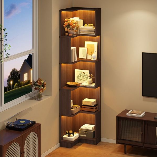 Flieks Bücherregal Standregal mit LED-Beleuchtung und 6 Ebenen, B63,5/T45/H175 cm 1-tlg, Eckbücherregal mit 5 Fächer L-förmig Hochschrank Eckregal Walnussfarbe