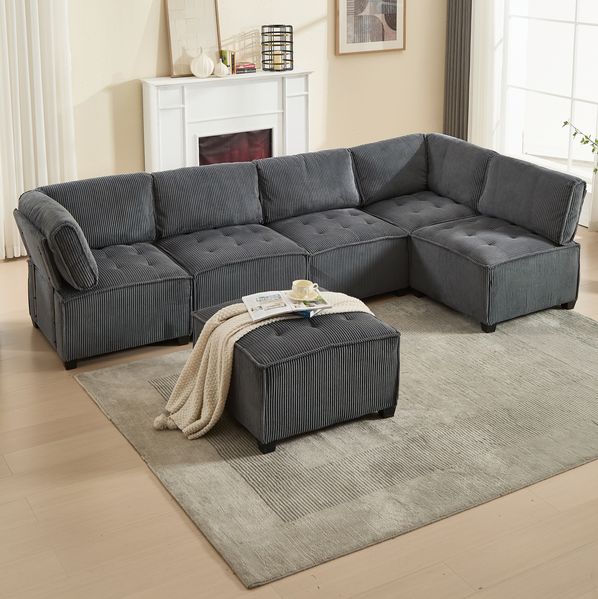 Modulares 6-Sitzer Cord-Sofa, grau, frei kombinierbar, 308x154x82 cm