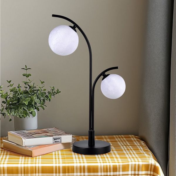 STANBOW Nachttischlampe LED Tischlampe Schreibtischlampe mit USB Ladenstation, Touch, Dimmbar, LED wechselbar, warmweiß, kaltweiß, Tischlampe mit Mond‑Oberflächen‑Optik – 3D‑gedruckte Kugelschirm