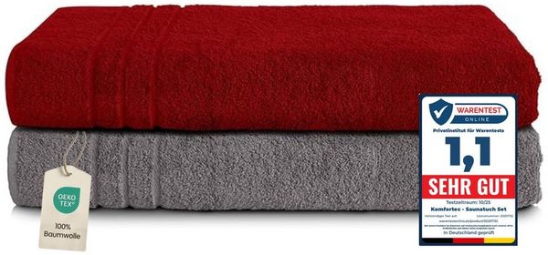 Komfortec 2er Saunatuch Set 80x200 cm aus 100% Baumwolle, XXL-Saunatücher, Sauna Handtuch, Weich, Groß, Frottee, Schnelltrocknend, Anhtrazit Grau/Aurorarot