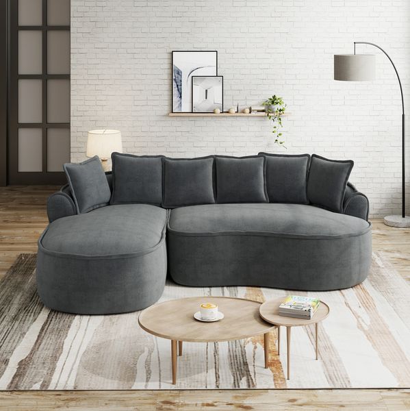 Modulsofa Chenille, rahmenlos mit Chaiselongue & Schlaffunktion, 252 x 164 x 67 cm, grau