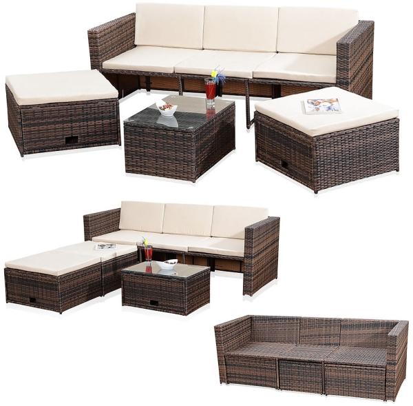 Lounge Gartenset Rattanmöbel Polyrattan Sitzmöbel Set Sofa Tisch 2 Hocker braun