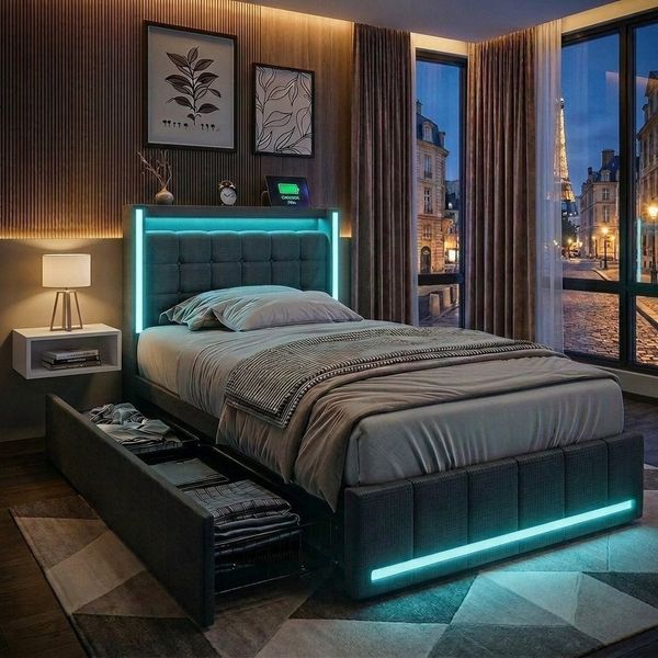 PXloue Polsterbett LED Doppelbett Stauraumbett, mit USB-Laden und Stauraum am Kopfteil,Leinen,90x200 cm