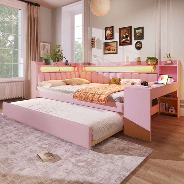 Stauraumbett mit gepolstertem Kopfteil, Schreibtisch und LED-Beleuchtung (140x200cm, Lattenrost, Regal, Gästebett, USB und Type-C), Doppelbett