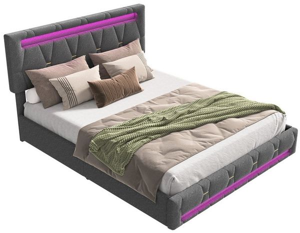 FUROKOY Stauraumbett Polsterbett Doppelbett mit 4 Schubladen (Set, 1-tlg, Mit Kopfteil und Fußteil), für Erwachsene und Jugendliche, 160x200 cm, Leinen, Grau