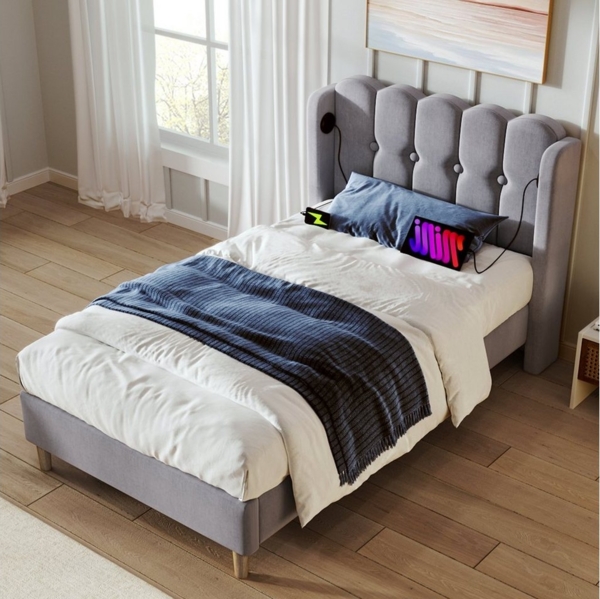 HAUSS SPOLE Polsterbett 90 x 200 cm mit USB Typ C Ladefunktion Leinen Grau (Ohne Matratze)