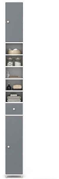 COSTWAY Hochschrank Badschrank schmal, mit Schublade, Türen & 9 Fächern, 180cm weiß