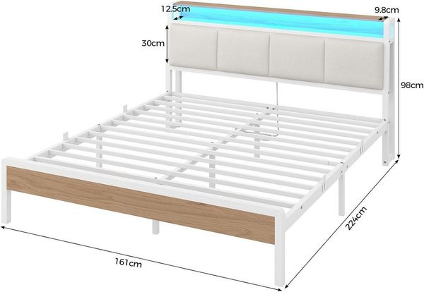 KIMENICH Polsterbett mit RGB-LED-Beleuchtung und Ladestation, Plattformbett Doppelbett (Ohne Matratze), Offenes Kopfteilfach mit Steckdosen, 105° Neigung, 160x200cm