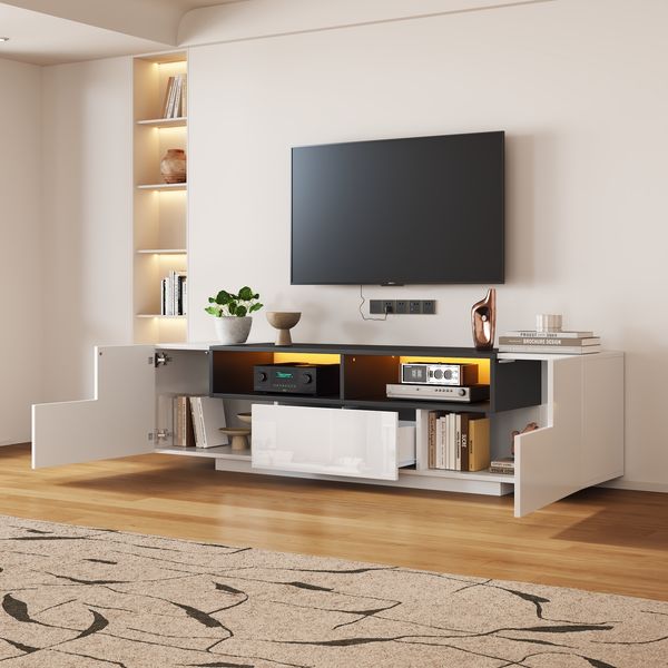 TV-Schrank 180x40x48 cm in Hochglanzweiß mit LED, Schublade und 2 L-förmigen Fächern