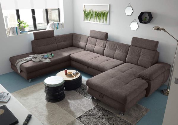 Wohnlandschaft Alba von ED Exciting Design mit Schlaffunktion & Bettkasten – U-Form Sofa aus hochwertigem Brego-Stoff