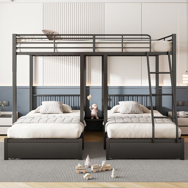 Etagenbett mit Liegefläche 140x200 cm + 2 x 90 x 200 cm, Metall, Schubladen, umwandelbar, Schwarz