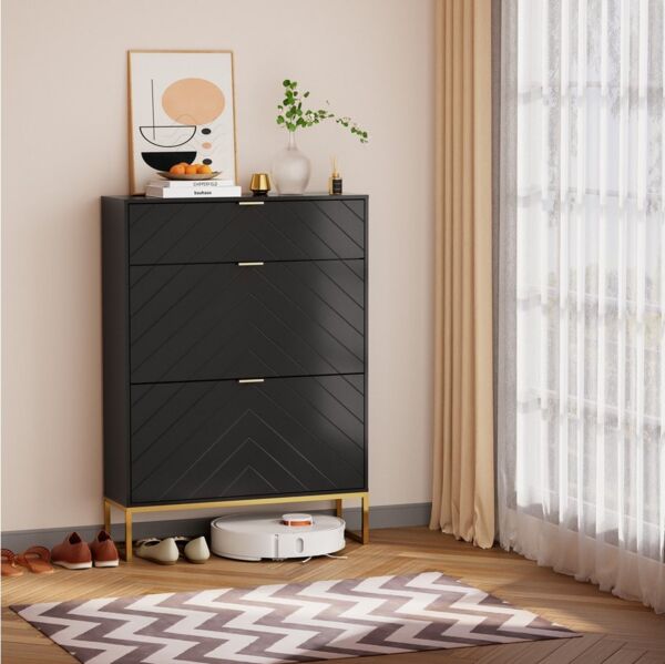 UEV Schuhschrank mit 3 Klappen schmal Schuhablage (Modern Schuhkommode im Flur Diele,80x24x122cm) Platzsparend, mit Kippschutz/Trennwand verstellbar