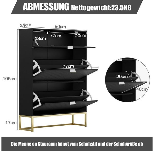 UEV Schuhschrank mit 3 Klappen schmal Schuhablage (Modern Schuhkommode im Flur Diele,80x24x122cm) Platzsparend, mit Kippschutz/Trennwand verstellbar Bild 4
