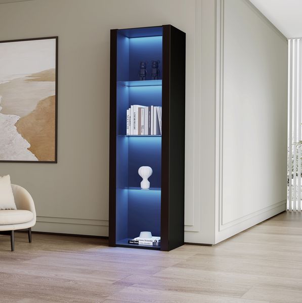 Vitrinenschrank 55 x 38 x 166 cm mit 3 Glasböden und LED – Hochschrank in Schwarz Hochglanz