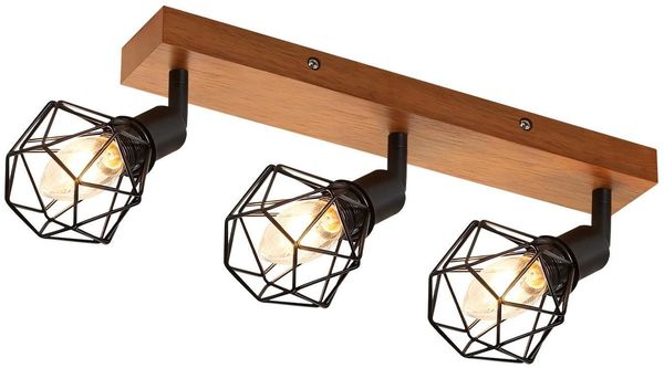 ZMH Deckenstrahler 3 Flammig Schwarz Holz - E14 Denckenspots Retro Deckenlampe Metall Schwenkbar 350° Deckenleuchte Innen MAX. 25W für Esszimmer Küche Wohnzimmer Schlafzimmer Ohne Leuchtmittel