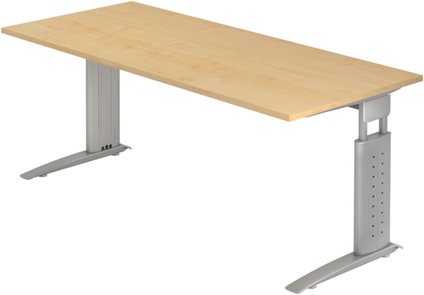 bümö höhenverstellbarer Schreibtisch U-Serie 180x80 cm in Ahorn, Gestell in Silber - großer PC Tisch für's Büro manuell höhenverstellbar, Computertisch verstellbar, US-19-3-S