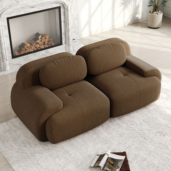 Modulares Sofa aus Cordstoff mit geschwungenen Armlehnen, H 75 x T 208 x B 103 cm, Braun