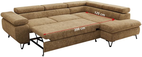 MKS Möbel 'Pablo L-Form' Ecksofa mit Schlaffunktion, verstellbare Kopfstützen, Hellbraun, Schenille grob, Visco Topper, Rechts Bild 7