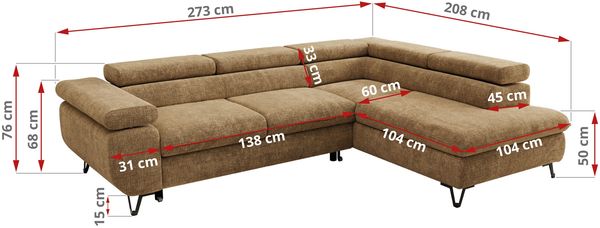 MKS Möbel 'Pablo L-Form' Ecksofa mit Schlaffunktion, verstellbare Kopfstützen, Hellbraun, Schenille grob, Visco Topper, Rechts Bild 6