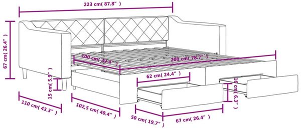 vidaXL Tagesbett Ausziehbar mit Schubladen Schwarz 100x200 cm Stoff 3197469 Bild 12