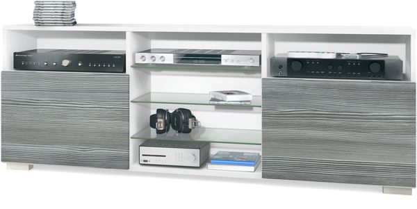TV-Board Granada, Lowboard mit 2 Türen und 6 offenen Fächern, Korpus Weiß matt, Fronten in Avola-Anthrazit (146 x 54 x 35 cm)