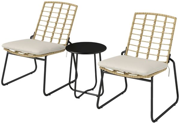 Rattan Gartenmöbel Set, Balkonmöbel Set für 2 Personen 3-teilig Outdoor Sitzgruppe mit 2 stapelbar Stühle, Tisch Kissen wetterfest Garten Lounge für Terrasse Balkon, Beige & Braun