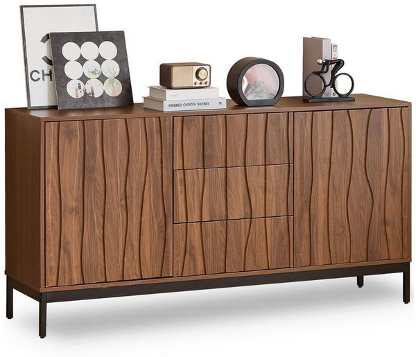 SeedWave Sideboard Retro Sideboard Anti-Kipp Grifflose Kommode mit 2 Türen, 3 Schubladen, Mehrer Stauraum, verstellbare Einlegeböden, Rückprallstellsetzung