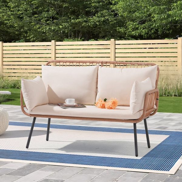 JOIVI Gartensofa Garten Loveseat, Rattan Gartenmöbel, mit Sitzkissen & Rückkissen, Patio Terrasse Sofa für Balkon, Garrten (Natur Rattan & Weiße Kissen)
