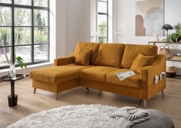 Sofa Valentina von Benformato: Elegantes Breitcord-Sofa mit Schlaffunktion, Bettkasten und Flexibler Recamiere – In drei stilvollen Farben erhältlich