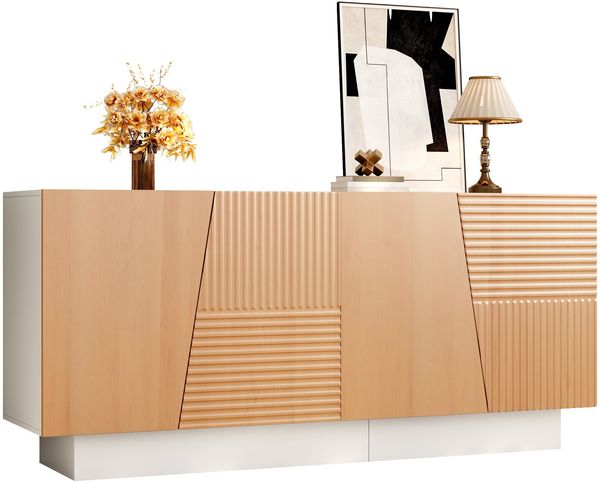 Sideboard/Wohnzimmerschrank mit geometrischem, eingelassenem Design, 4 Türen, 2 separaten Staufächern und höhenverstellbaren Einlegeböden.
