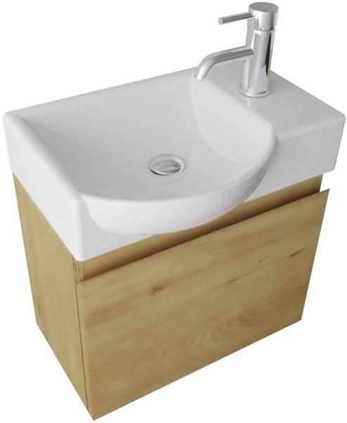 Alpenberger Badmöbel-Set - Gäste WC Waschbecken mit Unterschrank 45 cm Breit, (Badschrank 2-tlg, Waschtisch hängend), Waschbeckenunterschrank mit Softclose - Eiche Natur - Links Becken