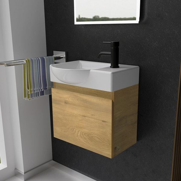 Alpenberger Badmöbel-Set - Gäste WC Waschbecken mit Unterschrank 45 cm Breit, (Badschrank 2-tlg, Waschtisch hängend), Waschbeckenunterschrank mit Softclose - Eiche Natur - Links Becken