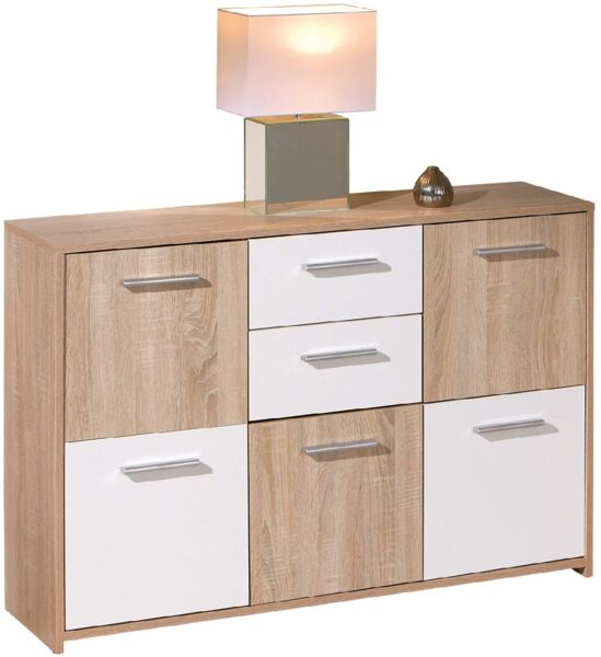 Dmora Sideboard mit fünf Türen und zwei Schubladen im Mittelteil, Farbe Weiß und Eiche, Maße 115 x 77 x 30 cm