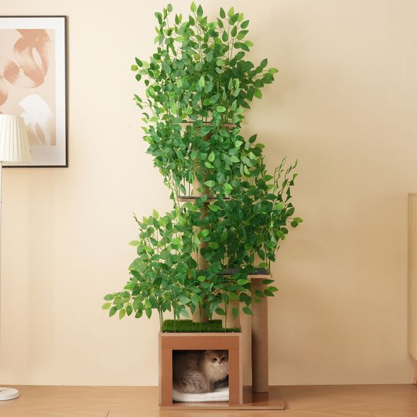 Merax Kratzbaum in Baumform mit 4 Plattformen und Katzenlöchern, MDF braun, 60 x 45 x 190 cm