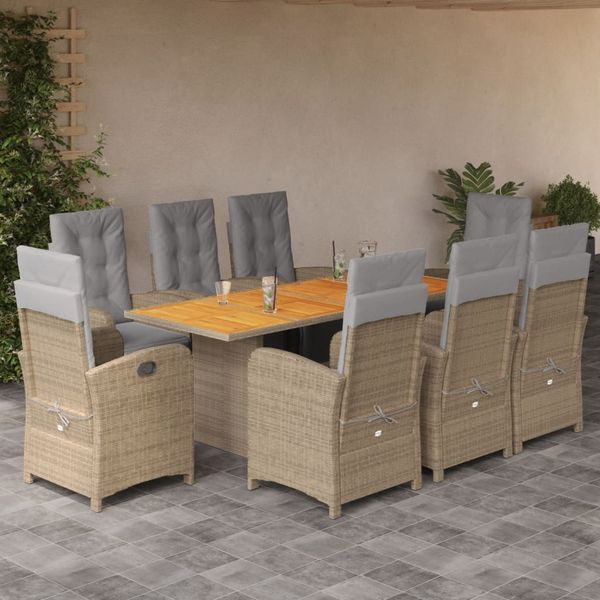 vidaXL 9-tlg. Garten-Essgruppe mit Kissen Beige Poly Rattan 3212511