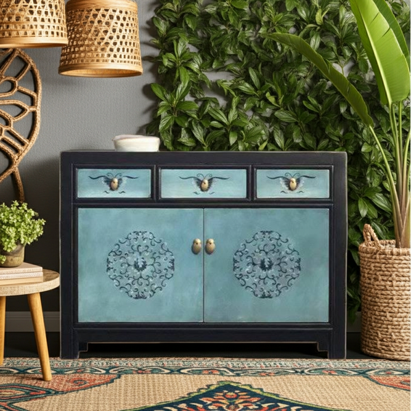 Vintage Kommode Blau verziert chinesisch Schrank Sideboard Kolonial-Stil Antik-Stil Lowboard asiatisch orientalisch Fernost shabby-chic Landhaus