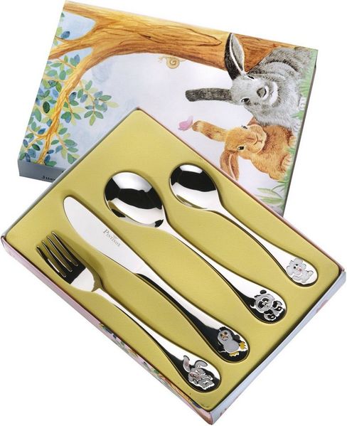 PINTINOX Kinderbesteck Arca di Noè (4-tlg), 1 Personen, Edelstahl 18/10, mit Tiermotiven