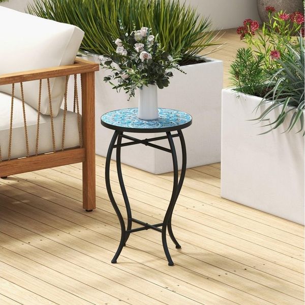 COSTWAY Gartentisch, Mosaiktisch rund aus Metall & Keramik, ∅30x50cm