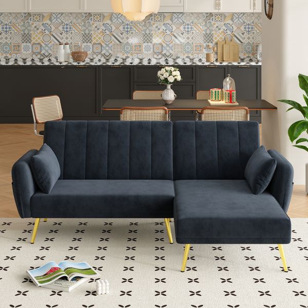 Ecksofa mit Schlaffunktion 191x130 cm, Samt, L-förmig, 3-fach verstellbare Rückenlehne, multifunktionales Schlafsofa,Schwarz