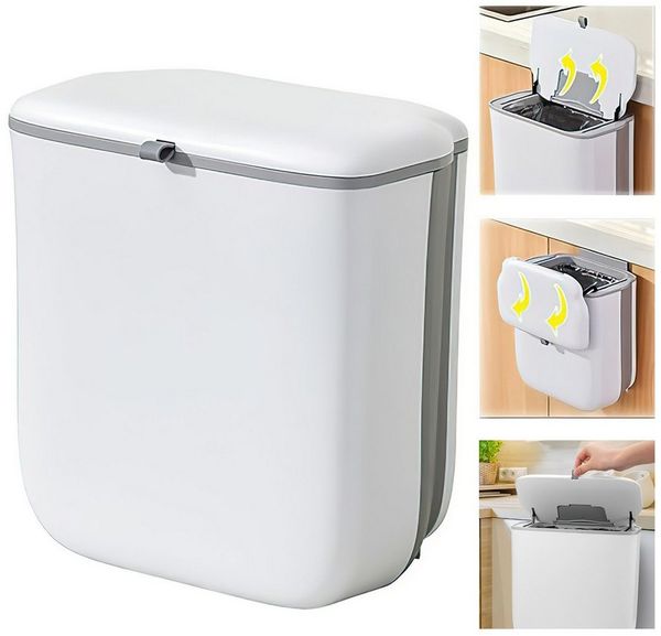 HEYHIPPO Biomülleimer Küchenkompostbehälter, faltbarer hängender Badezimmer-Mülleimer Weiß, 9 Liter Schiebedeckel,28x16,5x29,5cm (L x B x H), Camping-Mülleimer