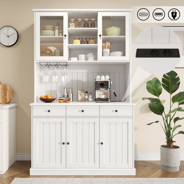 Flieks Küchenbuffet mit Steckdosen, Gläserhalter, Schubladen und Glastüren (Arbeitsplatte mit USB-C- und USB-A-Anschlüssen, 1-St, 120 x 40 x 191 cm) Hochschrank Küchenschrank Geschirrschrank mit verstellbarer Ablagen
