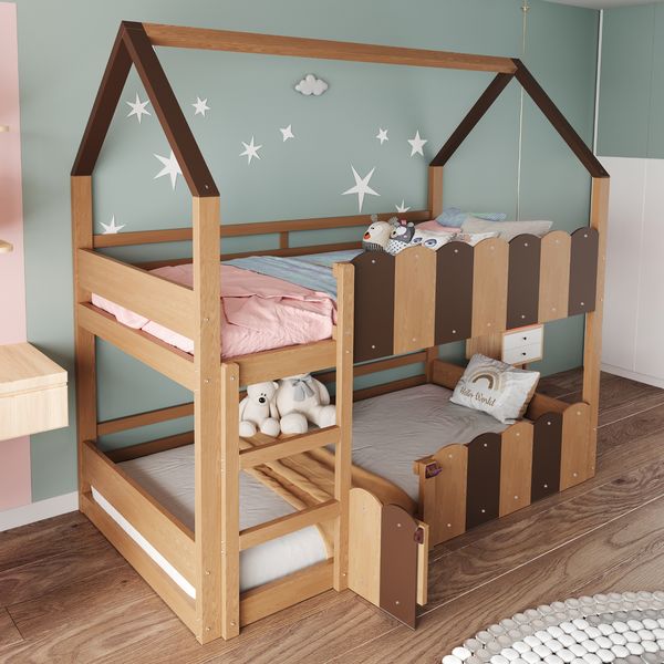 Merax Kinderbett, Etagenbett 90*200 cm, Hausförmiges Design mit erhöhten Sicherheitsgeländern. Das Obere Bett verfügt über Einen Lattenrost. Holzfarbe