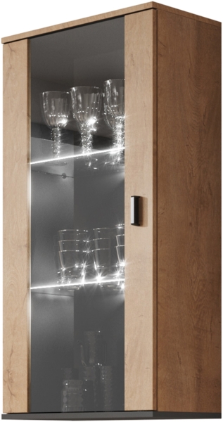 Hängevitrine Soho S02 (Farbe: Lefkas Eiche / Lefkas Eiche + Schwarz, mit weißer LED Beleuchtung)