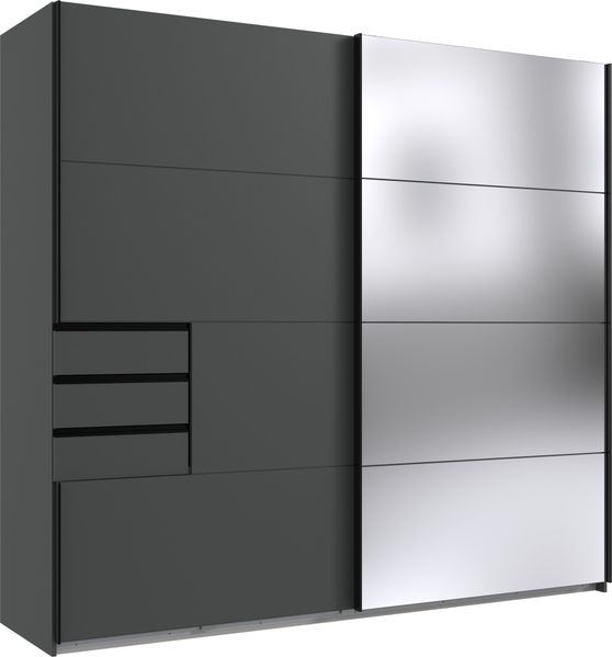 Kleiderschrank Saigon Grafit mit Spiegel und schwarzen Griffen – Schwebetürenschrank in verschiedenen Größen wählbar - Schwebetürenschrank 2 türig - 225 cm Breite